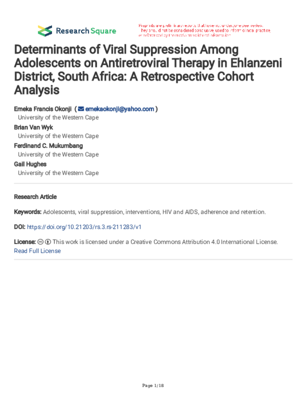 (PDF) Determinants of Viral Suppression Among Adolescents on ...
