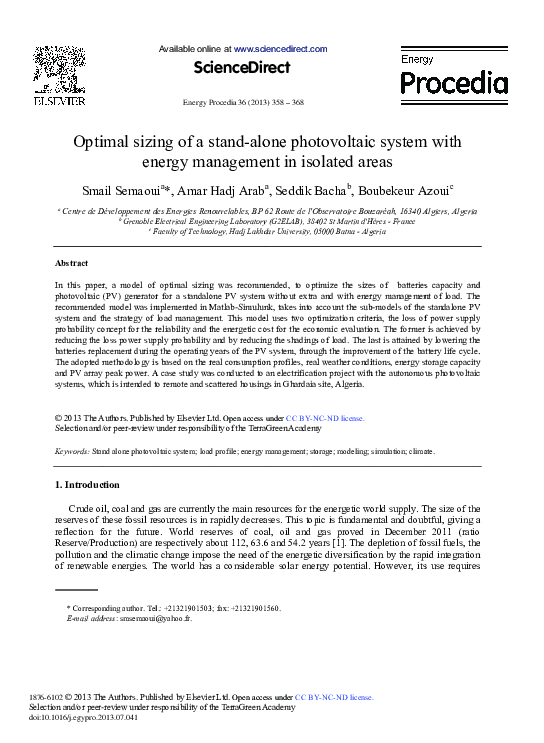 (PDF) Optimal Sizing of a Stand-alone Photovoltaic System with Energy ...