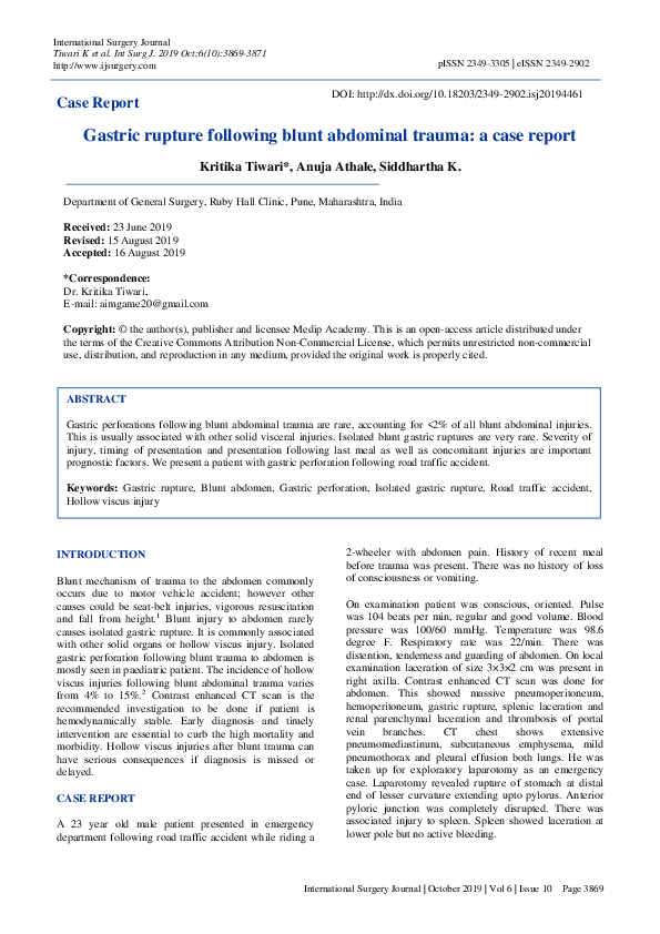 (PDF) Gastric rupture following blunt abdominal trauma: a case report