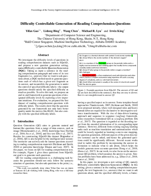 (PDF) Difficulty Controllable Generation of Reading Comprehension Questions