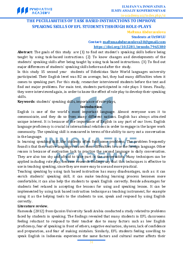 (PDF) The Peculiarities of Task Based Instructions to Improve Speaking ...