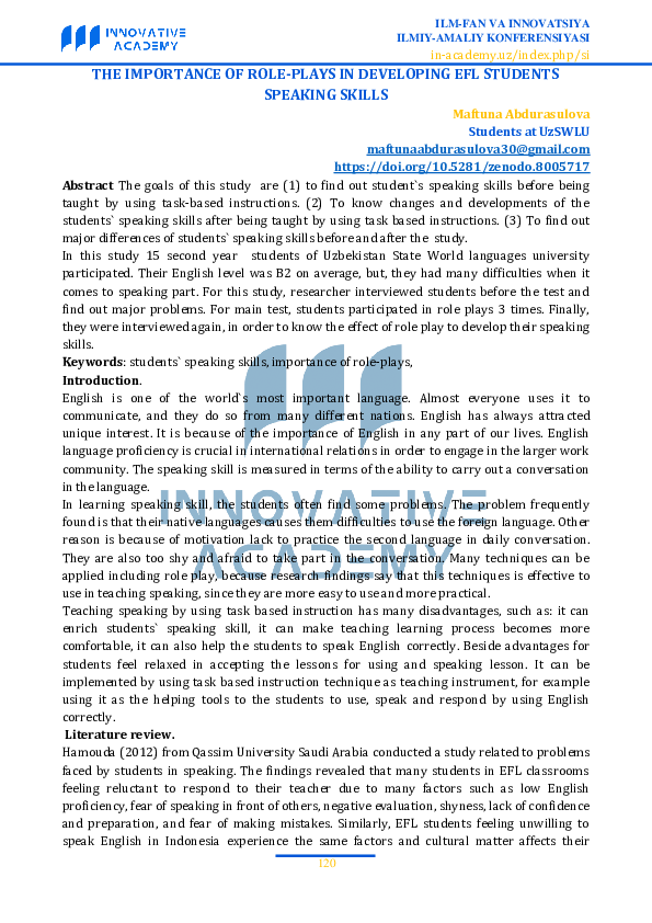 (PDF) The Importance of Role-Plays in Developing Efl Students Speaking ...