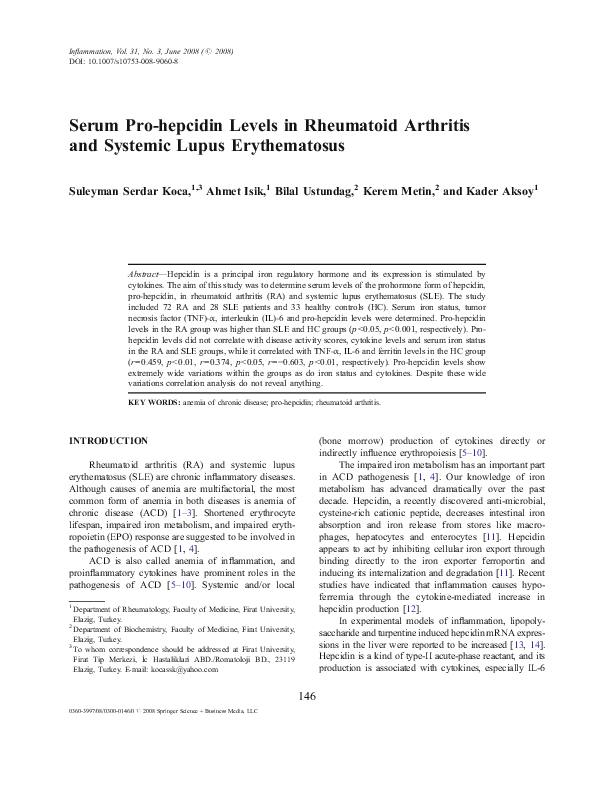 (PDF) Serum Pro-hepcidin Levels in Rheumatoid Arthritis and Systemic ...