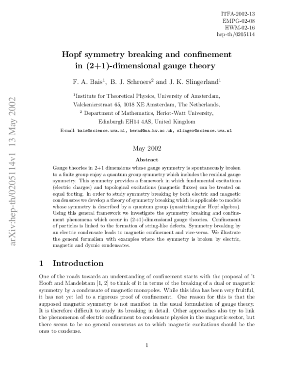 (PDF) Hopf symmetry breaking and confinement in (2+1)-dimensional gauge ...