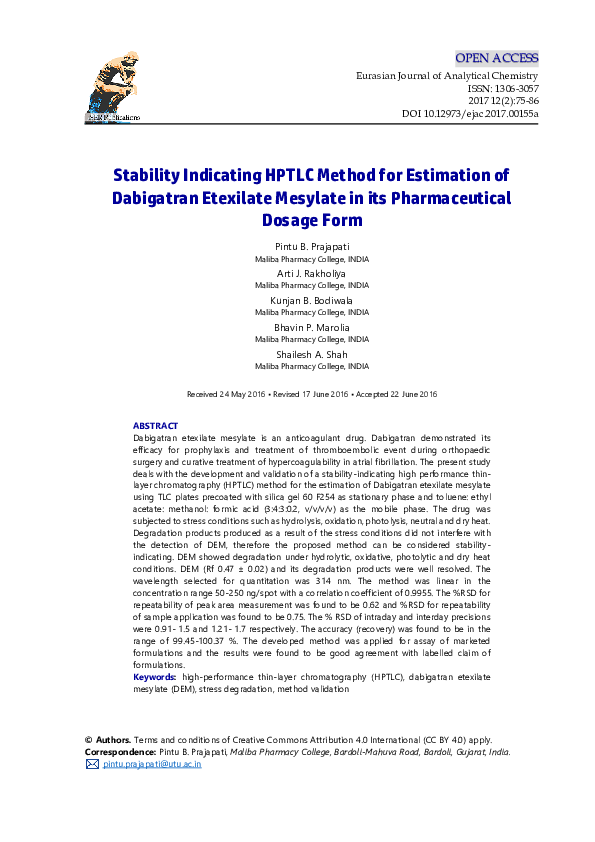 (PDF) Stability Indicating HPTLC Method for Estimation of Dabigatran ...