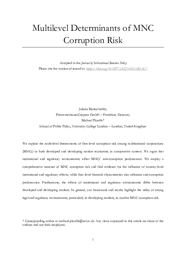 (PDF) Multilevel determinants of MNC corruption risk