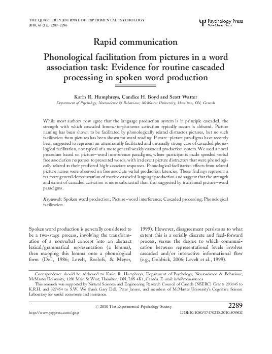 (PDF) Phonological Facilitation from Pictures in a Word Association ...