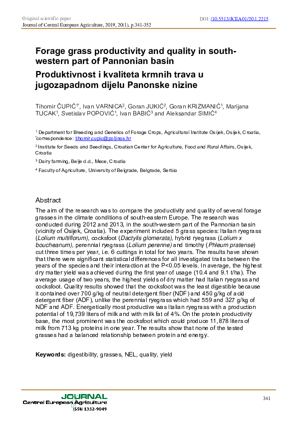 (PDF) Forage grass productivity and quality in south-western part of ...