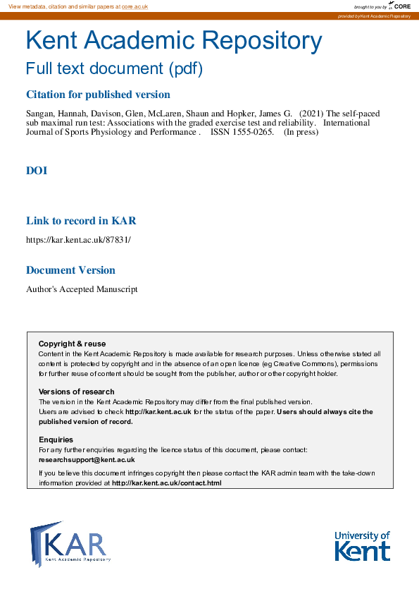 (PDF) The Self-Paced Submaximal Run Test: Associations With the Graded ...