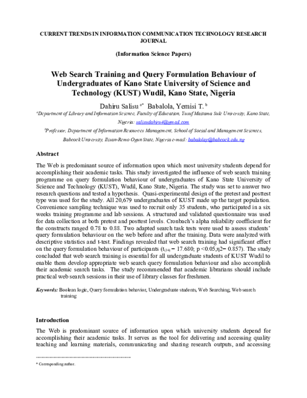 (DOC) Web Search Training and Query Formulation Behaviour of