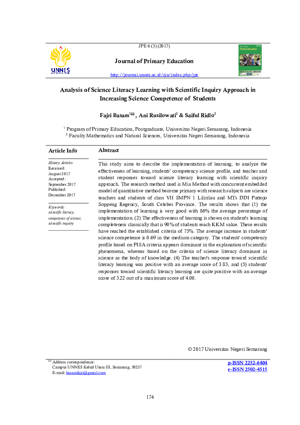 (PDF) Analysis of Science Literacy Learning with Scientific Inquiry ...