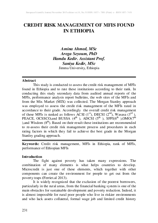 (PDF) Credit Risk Management of Mfis Found in Ethiopia