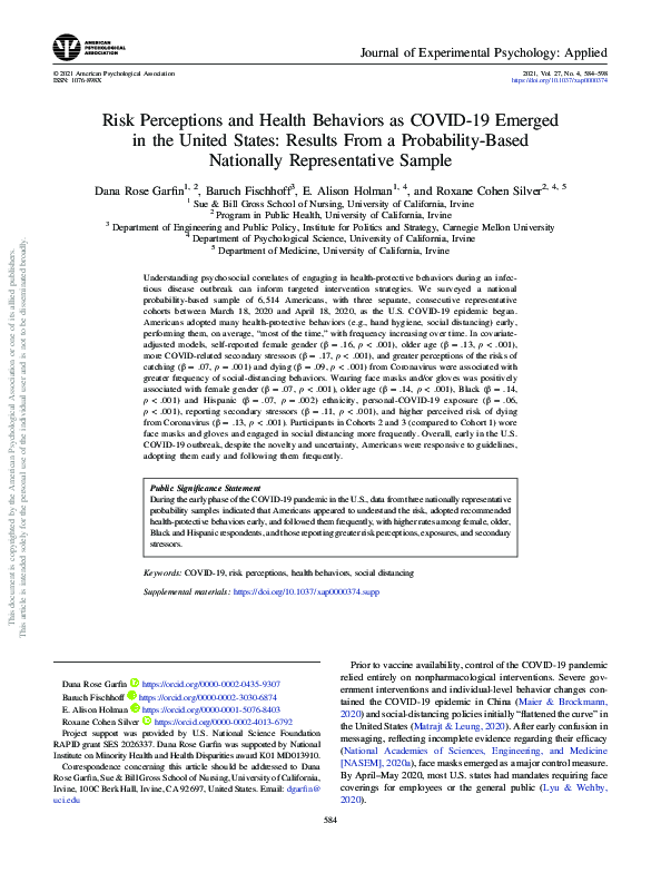 (PDF) Risk perceptions and health behaviors as COVID-19 emerged in the ...
