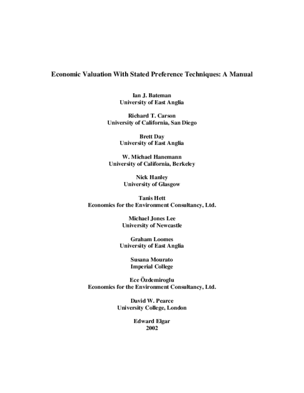 (PDF) Economic Valuation with Stated Preference Techniques: a Manual