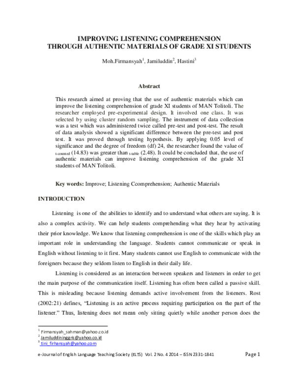 (PDF) Improving Listening Comprehension Through Authentic Materials of ...