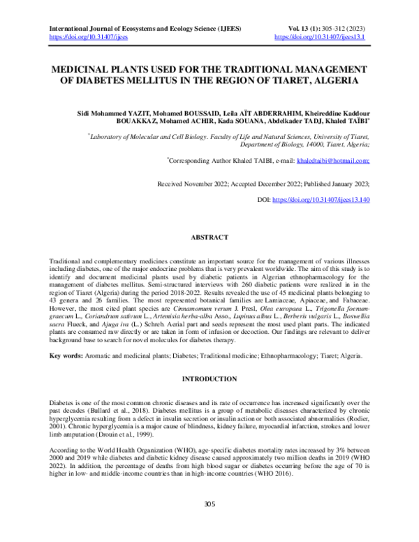 (PDF) Medicinal Plants Used for the Traditional Management of Diabetes ...
