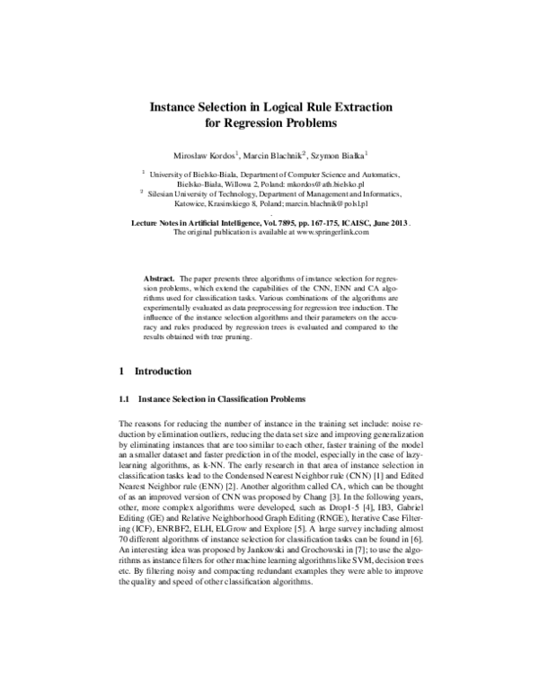 (PDF) Instance Selection in Logical Rule Extraction for Regression Problems