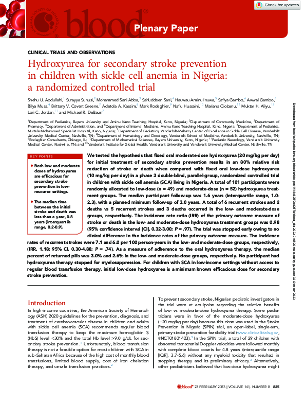 (PDF) Hydroxyurea for secondary stroke prevention in children with ...