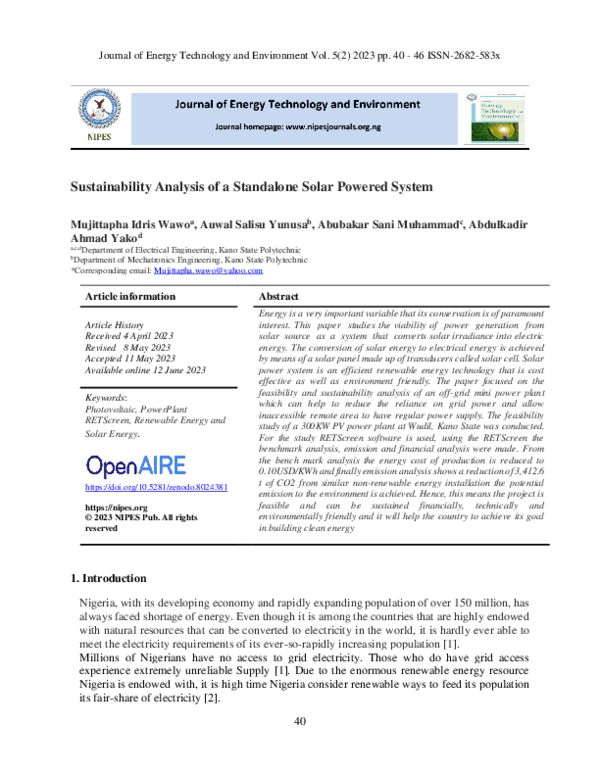 (PDF) Sustainability Analysis of a Standalone Solar Powered System