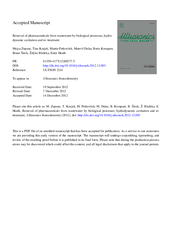 (PDF) Removal of pharmaceuticals from wastewater by biological ...