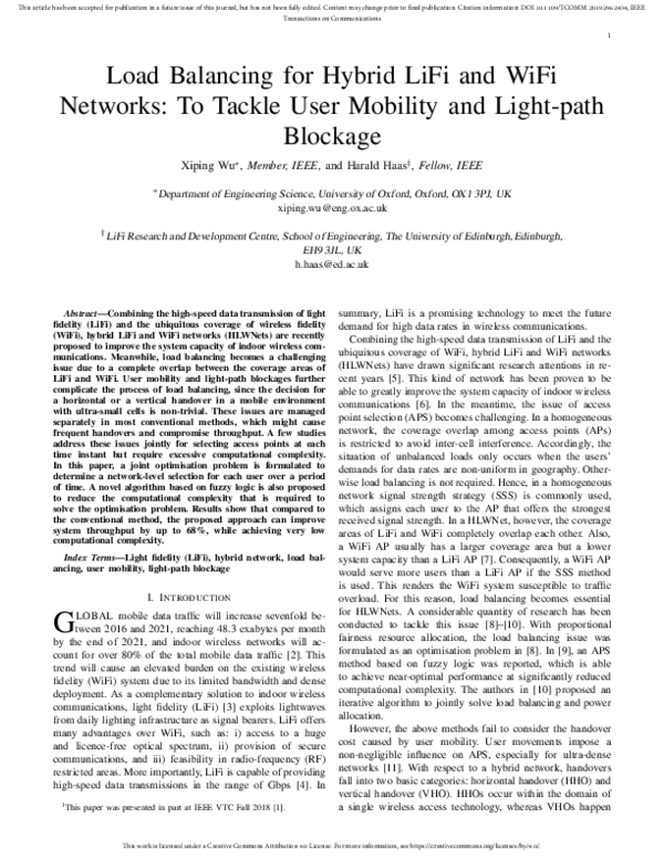 (PDF) Load Balancing For Hybrid LIFI And WIFI Networks