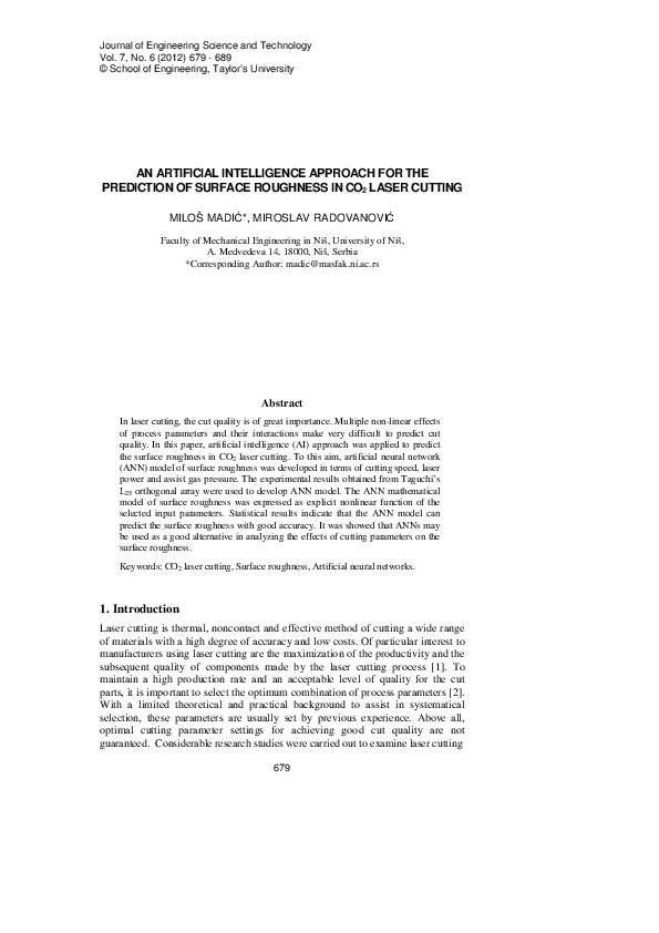(PDF) An Artificial Intelligence Approach for the Prediction of Surface ...
