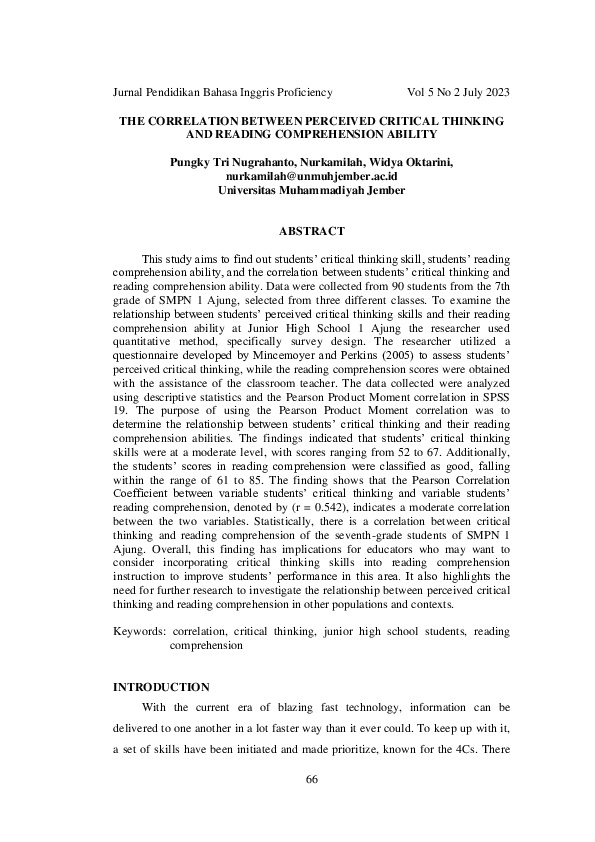 (PDF) The Correlation Between Perceived Critical Thinking and Reading ...