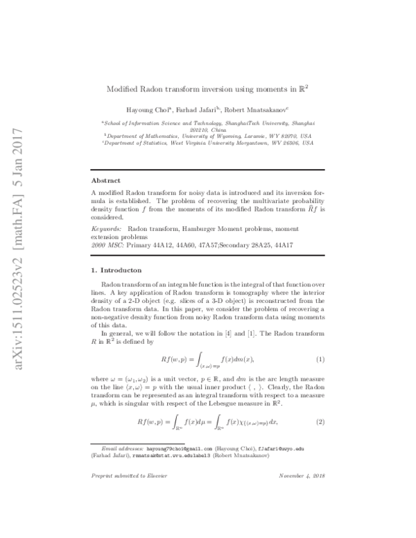 (PDF) Modified Radon transform inversion using moments in $\mathbb{R}^2$