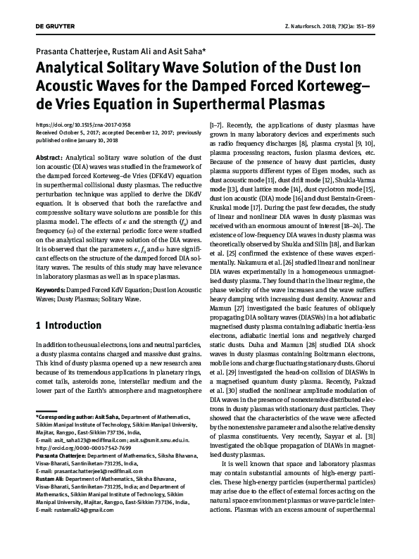 (PDF) Analytical Solitary Wave Solution of the Dust Ion Acoustic Waves ...