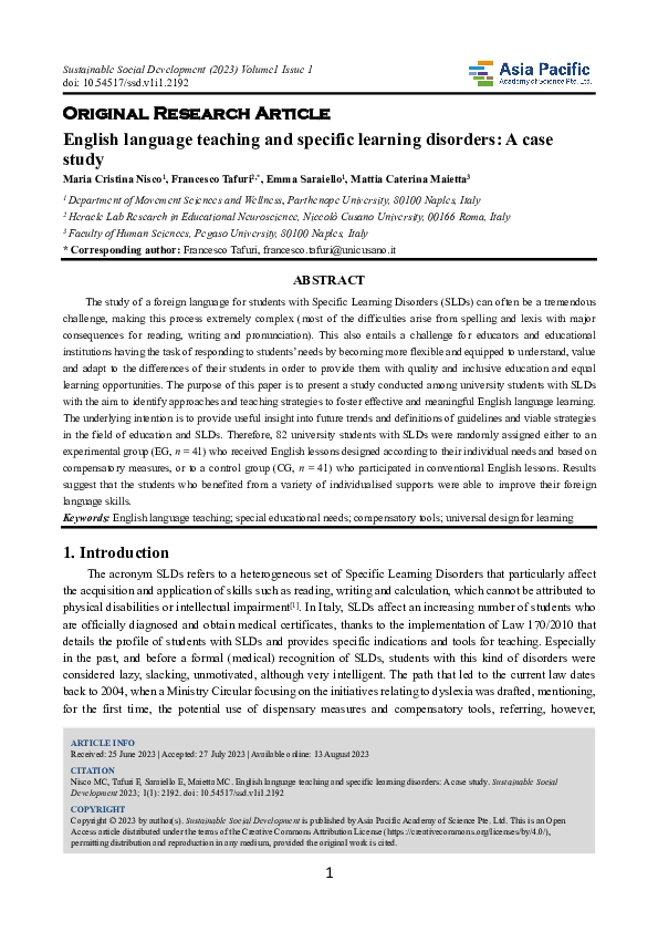 (PDF) English language teaching and specific learning disorders A case study Mattia Caterina