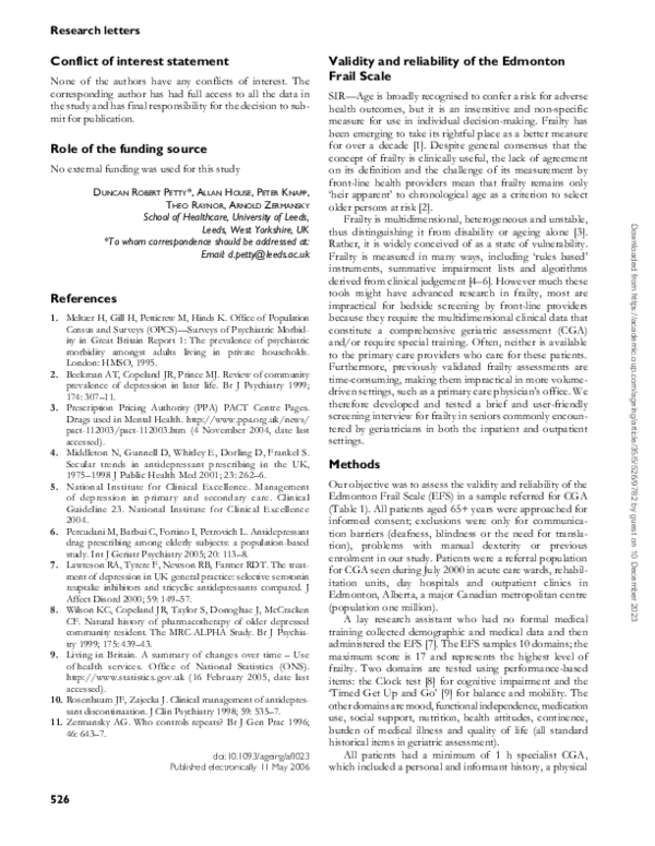 (PDF) Validity and reliability of the Edmonton Frail Scale