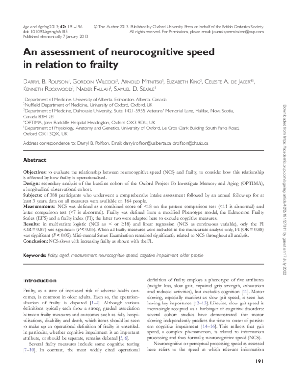 (PDF) An assessment of neurocognitive speed in relation to frailty