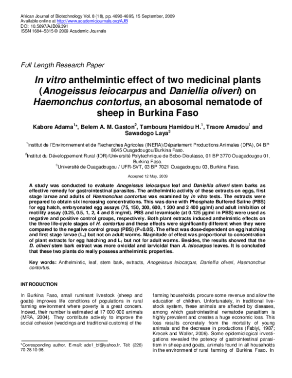 (PDF) In vitro anthelmintic effect of two medicinal plants (Anogeissus ...