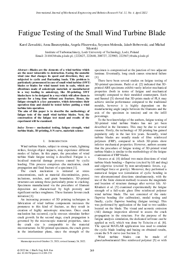 (PDF) Fatigue Testing of the Small Wind Turbine Blade Szymon Molenda