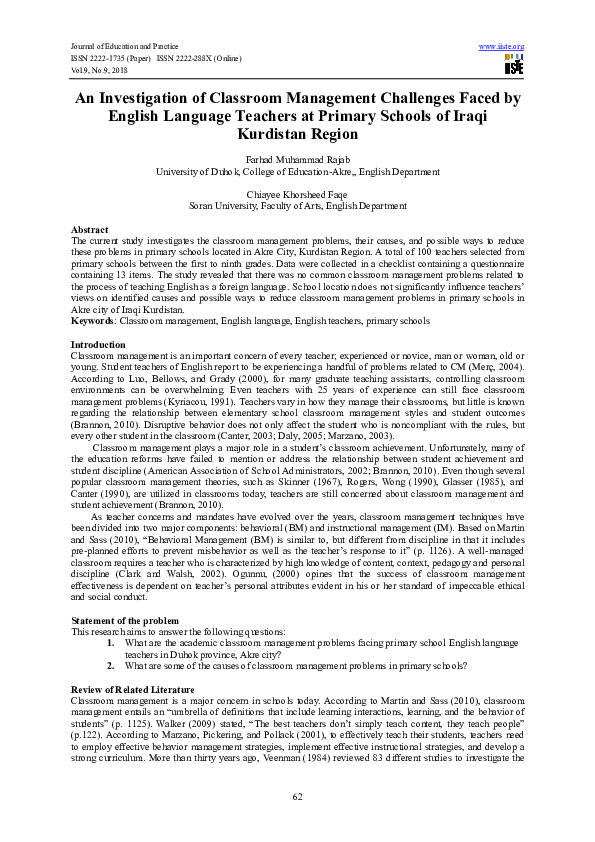 (PDF) An Investigation of Classroom Management Challenges Faced by ...