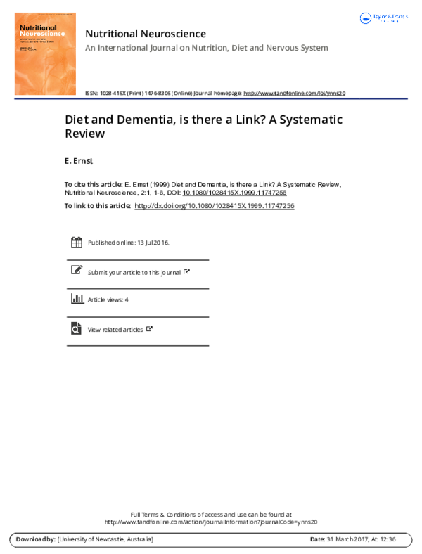 (PDF) Diet and Dementia, is there a Link? A Systematic Review