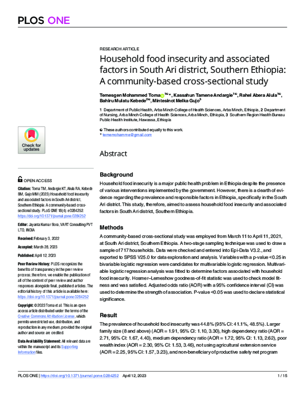 (PDF) Household food insecurity and associated factors in South Ari ...