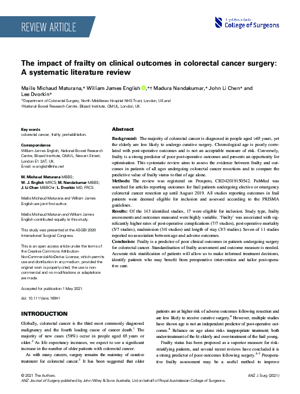 (PDF) The impact of frailty on clinical outcomes in colorectal cancer ...