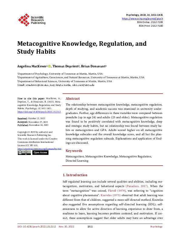 (PDF) Metacognitive Knowledge, Regulation, and Study Habits