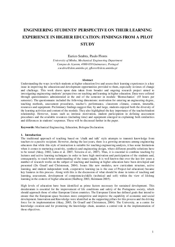 (PDF) On Their Learning Experience in Higher Education : Findings from ...