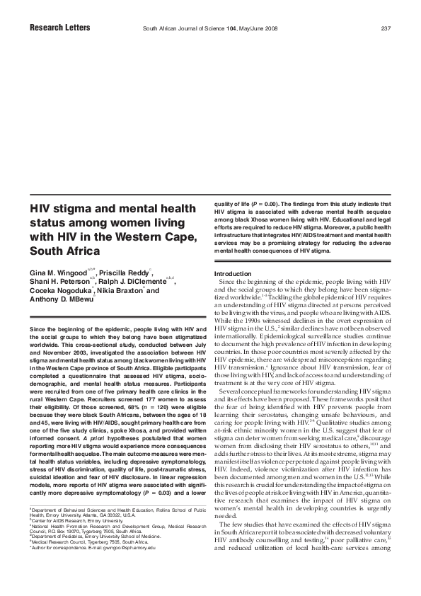 (PDF) HIV stigma and mental health status among women living with HIV ...