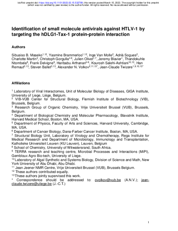 (PDF) Identification of small molecule antivirals against HTLV-1 by ...
