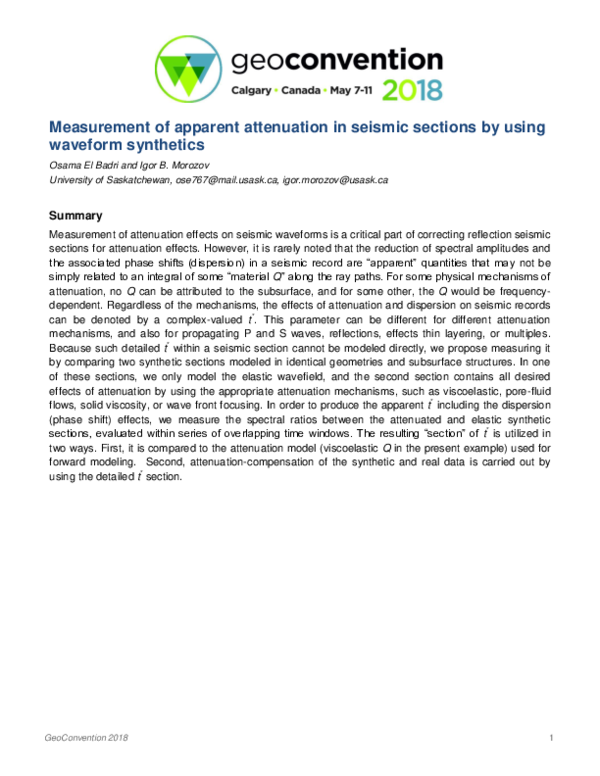 (PDF) Measurement of apparent attenuation in seismic sections by using ...