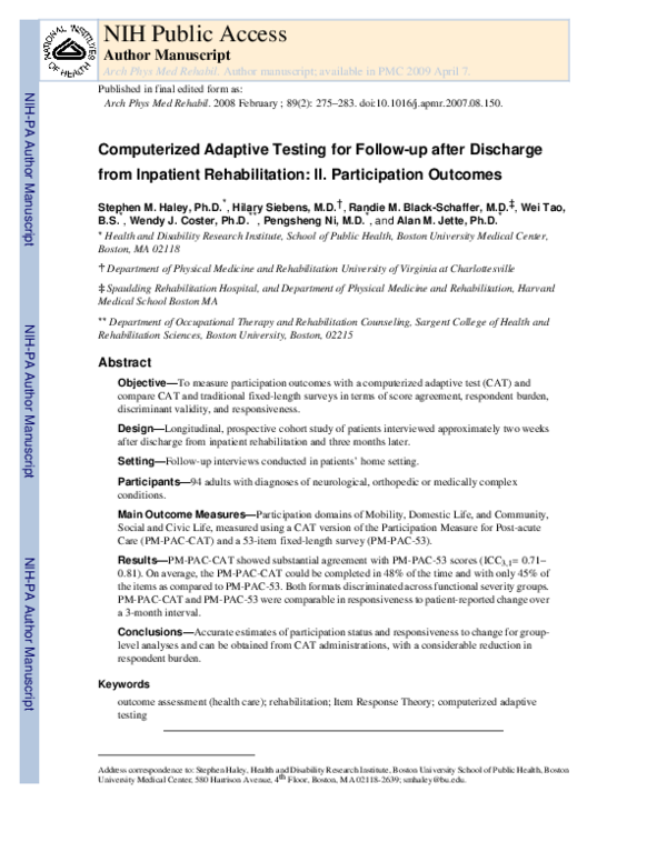 (PDF) Computerized Adaptive Testing for Follow-Up After Discharge From ...