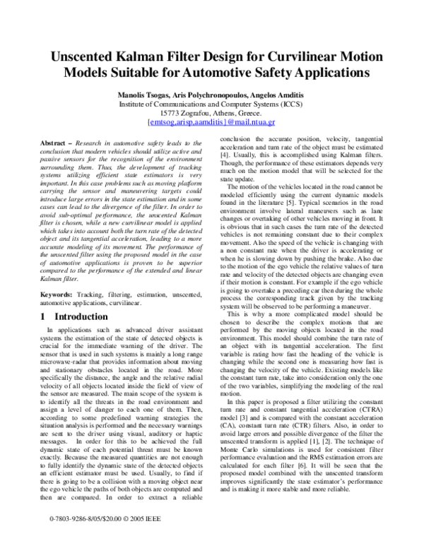 (PDF) Unscented Kalman filter design for curvilinear motion models ...