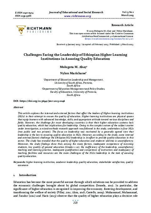 (PDF) Challenges Facing the Leadership of Ethiopian Higher Learning ...