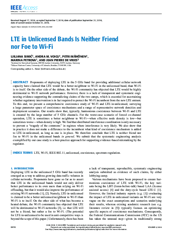 (PDF) LTE in Unlicensed Bands Is Neither Friend nor Foe to Wi-Fi