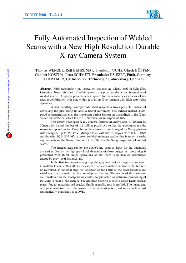 (PDF) Fully Automated Inspection of Welded Seams with a New High ...