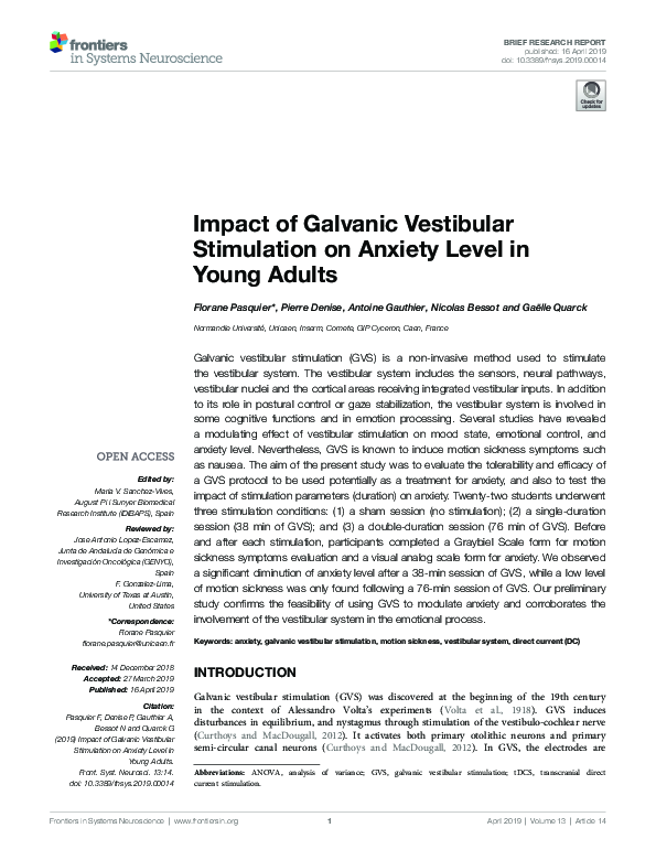 (PDF) Impact of Galvanic Vestibular Stimulation on Anxiety Level in ...