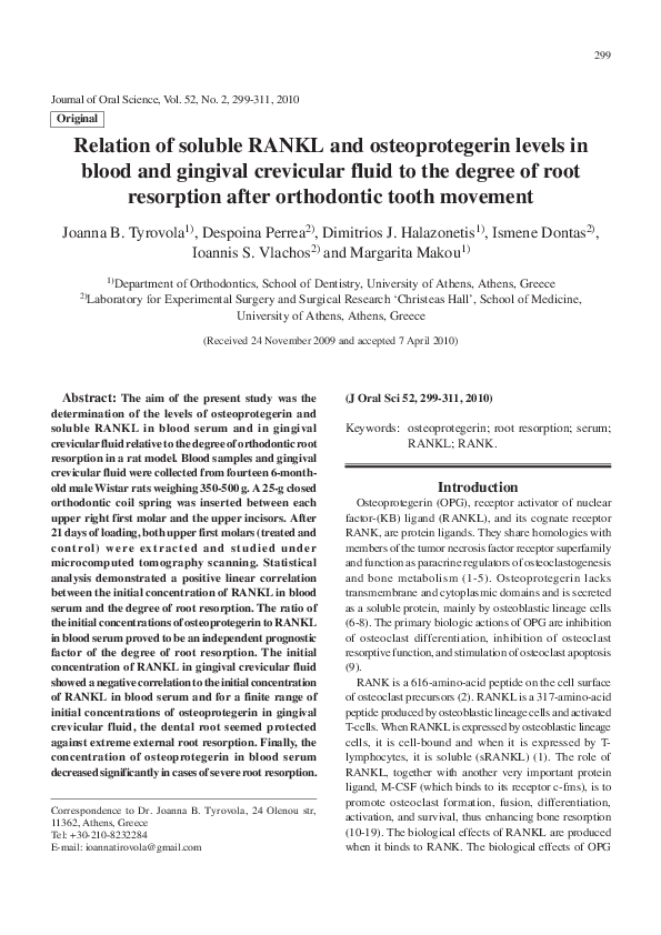 (PDF) Relation of soluble RANKL and osteoprotegerin levels in blood and ...